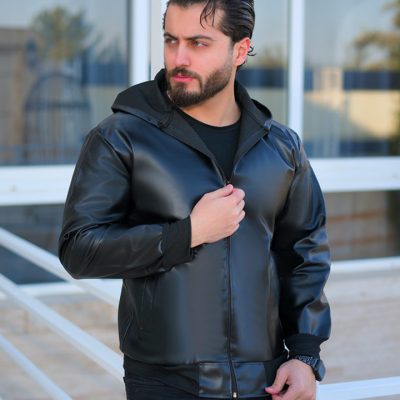 کاپشن چرم مردانه کلاهدار مدل vinas